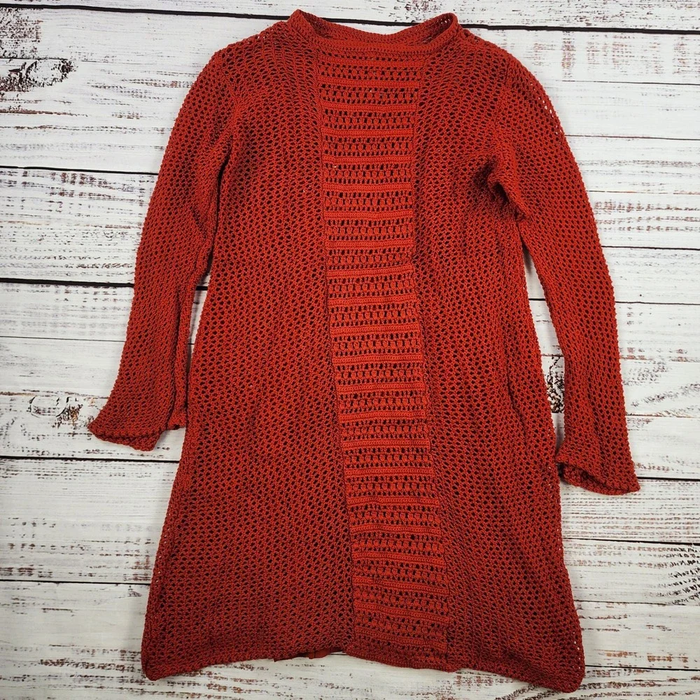 Free People Rosalind Crochet Mini Dress SP Small Petite‎ Orange Boho Bell Sleeve